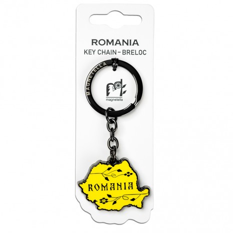 Breloc Romania, harta galbena, placare neagra, MB406