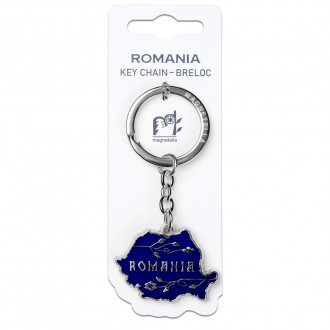 Breloc Romania, harta albastra, placare argintie, MB435